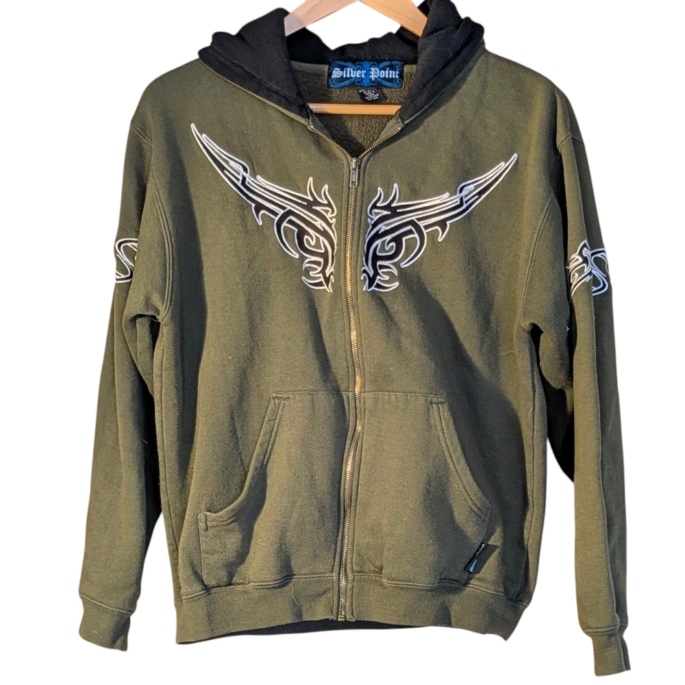 Silver Point Olive Zip-Up Hoodie with Wing Design Men's Large Skater Casual
